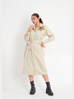 Richaa Goenka - Beige Cotton Embroidered A Line Knee Length Dress With Belt