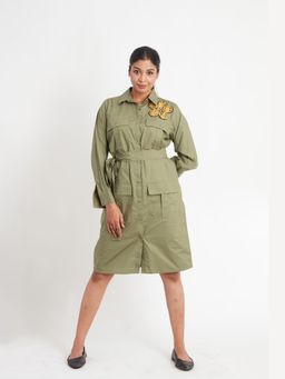 Richaa Goenka - Olive Cotton A Line Knee Length Dress