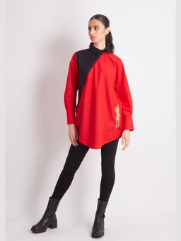 Richaa Goenka - Red Comfort Fit Cotton Embroidered Shirt