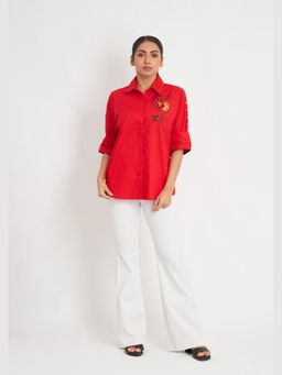 Richaa Goenka - Red Cotton Leopard Foil Printed Shirt