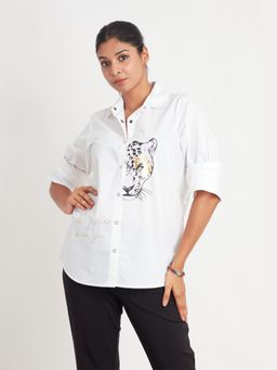 Richaa Goenka - Leopard Printed White Cotton Shirt