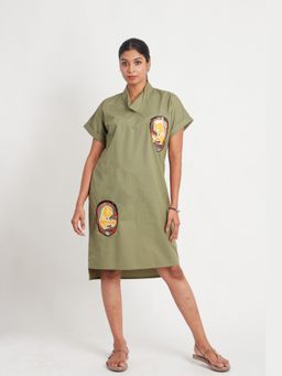 Richaa Goenka - Olive Cotton A Line Knee Length Dress