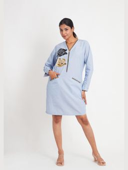 Richaa Goenka - Blue Stripe A Line Knee Length Dress