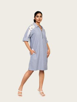 Richaa Goenka - Blue Stripe A Line Knee Length Dress