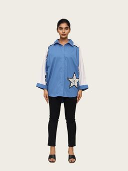 Richaa Goenka - Blue Cotton Poncho Embellished Shirt