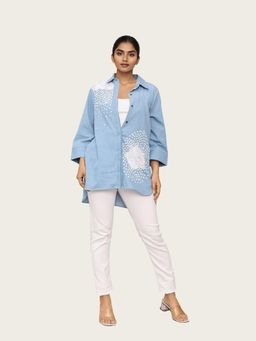 Richaa Goenka - Blue Cotton Denim High Low Embellished Shirt