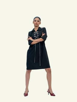 Richaa Goenka - Black Cotton Denim A Line Knee Length Dress