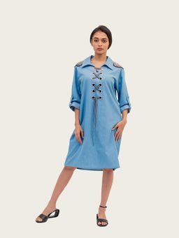 Richaa Goenka - Blue Cotton Denim A Line Knee Length Dress