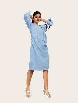 Richaa Goenka - Blue Cotton Denim A Line Midi Dress