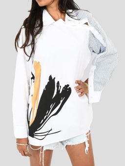 Richaa Goenka - White Comfort Fit Cotton Stripe Sleeve Shirt