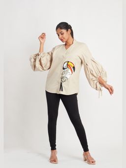 Richaa Goenka - Beige Comfort Fit Cotton Balloon Sleeves Top