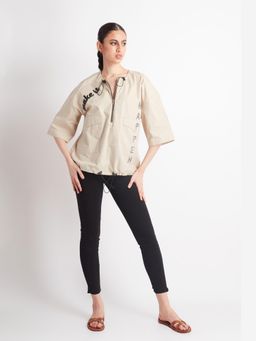 Richaa Goenka - Beige Comfort Fit Cotton Embroidered Top