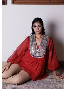 Richaa Goenka - Rust Georgette Embroidered Top