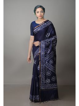 Unnati Silks - Navy Blue Pure Batik Chanderi Silk Saree with Unstitched Blouse