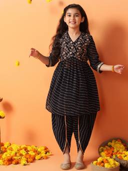FASHION DREAM - Girls Black Georgette Floral Embroidered Peplum Kurta with Dhoti