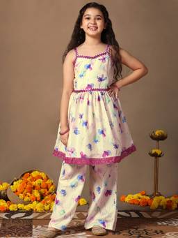 FASHION DREAM - Girls Cream Cotton Blend Floral Print Kurta with Palazzo