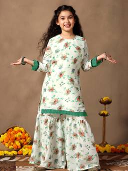 FASHION DREAM - Girl's White Cotton Blend Floral Print Kurta with Sharara