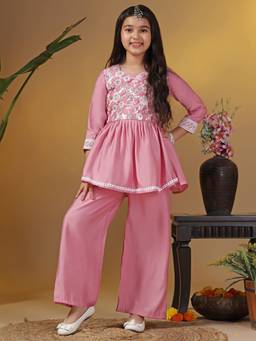FASHION DREAM - Girls Light Pink Silk Blend Embroidered Kurta with Pant