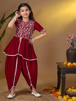 FASHION DREAM - Girls Maroon Silk Blend Embroidered Peplum Kurta with Dhoti