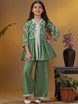 FASHION DREAM - Girls Olive Silk Blend Embroidered Peplum Kurta with Pant