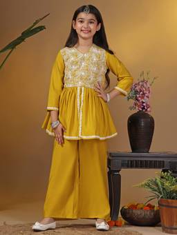 FASHION DREAM - Girls Mustard Silk Blend Embroidered Peplum Kurta with Pant