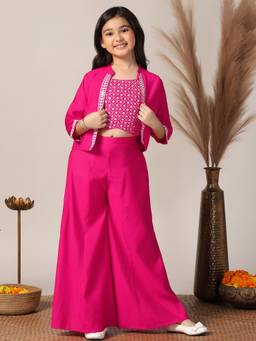 FASHION DREAM - Girls Pink Silk Blend Embroidered Crop Top with Palazzo and Jacket
