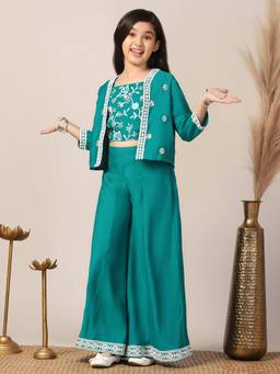 FASHION DREAM - Girl's Teal Silk Blend Embroidered Crop Top with Palazzo and Jacket