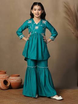 FASHION DREAM - Girls Teal Silk Blend Embroidered Kurta with Sharara