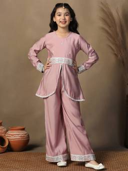 FASHION DREAM - Girls Pink Silk Blend Embroidered Peplum Style Kurta with Palazzo