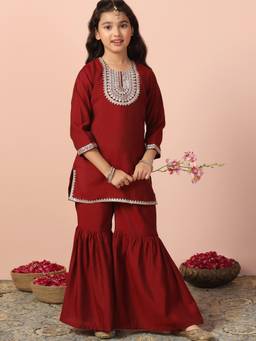 FASHION DREAM - Girls Maroon Silk Blend Embroidered Kurta with Sharara