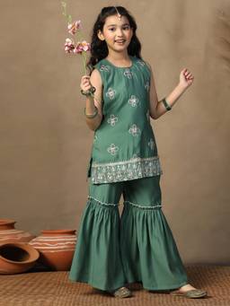 FASHION DREAM - Girls Olive Silk Blend Embroidered Kurta with Sharara