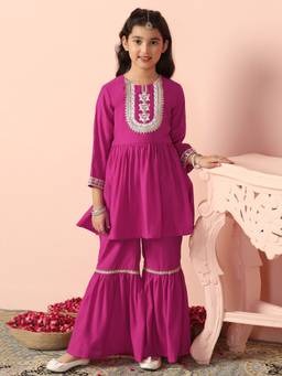 FASHION DREAM - Girls Pink Silk Blend Embroidered Kurta with Sharara
