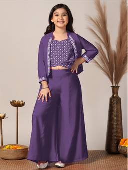 FASHION DREAM - Girl's Purple Silk Blend Embroidered Crop Top with Palazzo and Jacket