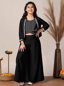 FASHION DREAM - Girl's Black Silk Blend Embroidered Crop Top with Palazzo and Jacket