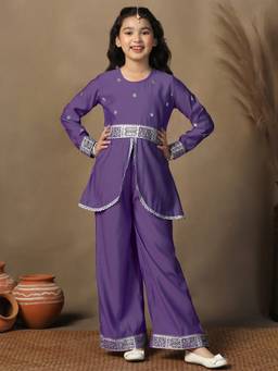 FASHION DREAM - Girls Purple Silk Blend Embroidered Peplum Style Kurta with Palazzo