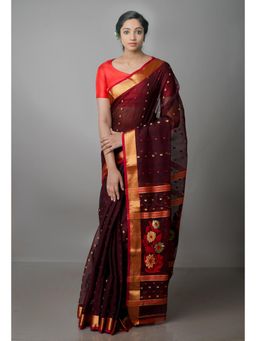 Unnati Silks - Wine Red Pure Handloom Dhakai Jamdani Cotton Silk Saree