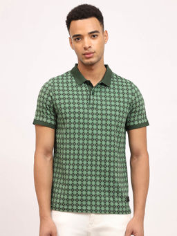 Lee - Men Green Geometric Printed Slim Fit Polo T-Shirt