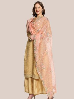 Dupatta Bazaar - Women's Blush Pink Embroidered Organza with Sequins Work and Scalloped border