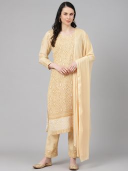 ADA - Hand Embroidered Lucknowi Chikankari Beige Pure Cotton Unstitched Dress Material [211165]