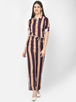 CRIMSOUNE CLUB - Women Maroon Striped Spread Collar Jump Suit