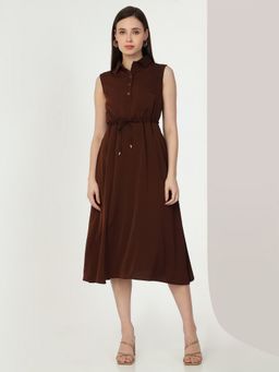 MISH - Solid Sleeveless Brown Featuring A Classic Collar Neck Dress