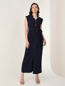 MISH - Solid Navy Blue Sleeveless Dress with Belt