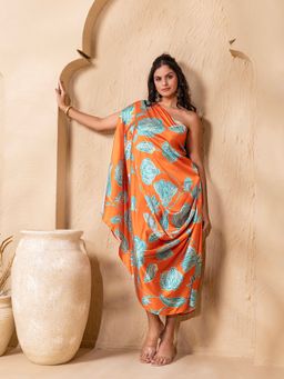 Mabish By Sonal Jain - Orange One Shoulder Draped Cowl Midi Kaftan Dress