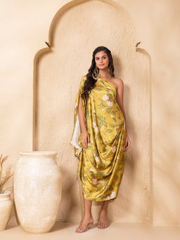 Mabish By Sonal Jain - Yellow One Shoulder Draped Cowl Midi Kaftan Dress