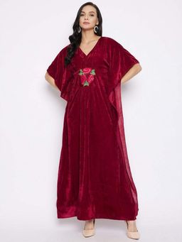 Uptownie - Stretchable Velvet Maroon Maxi Kaftan Dress