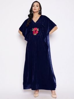 Uptownie - Stretchable Velvet Navy Blue Maxi Kaftan Dress