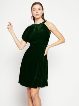 Uptownie - Ruffle Detail Green Velvet Knee Length Skater Dress
