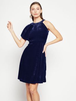 Uptownie - Ruffle Detail Navy Blue Velvet Knee Length Skater Dress