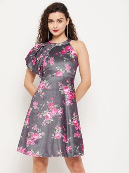 Uptownie - Ruffle Detail Grey Velvet Knee Length Skater Dress