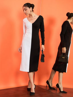 Uptownie - Black & White Ribbed Dual Tone Full Sleeves Bodycon Dress